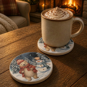 Posavasos Oso polar y muñeco de nieve de acuarela Navidad de