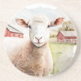 Posavasos Oveja acuarela con granero rojo