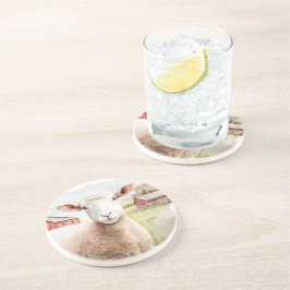 Posavasos Oveja acuarela con granero rojo