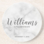 Posavasos Padrinos de boda personalizados mármol elegante<br><div class="desc">Práctico de costa personalizado escritura moderna de mármol elegante con clase de los padrinos de boda ofreciendo el nombre del padrino de boda personalizado en estilo de fuente moderno de la caligrafía con título y casar la fecha en estilo de fuente moderno de sans serif en el fondo de mármol...</div>
