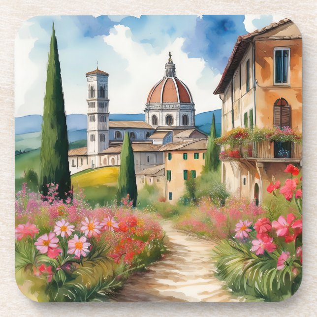 Posavasos Paintaje panorámico toscano de acuarela (Frente)