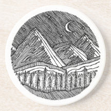 Paisaje Alpino Redondo Dibujado con Tinta Negra y