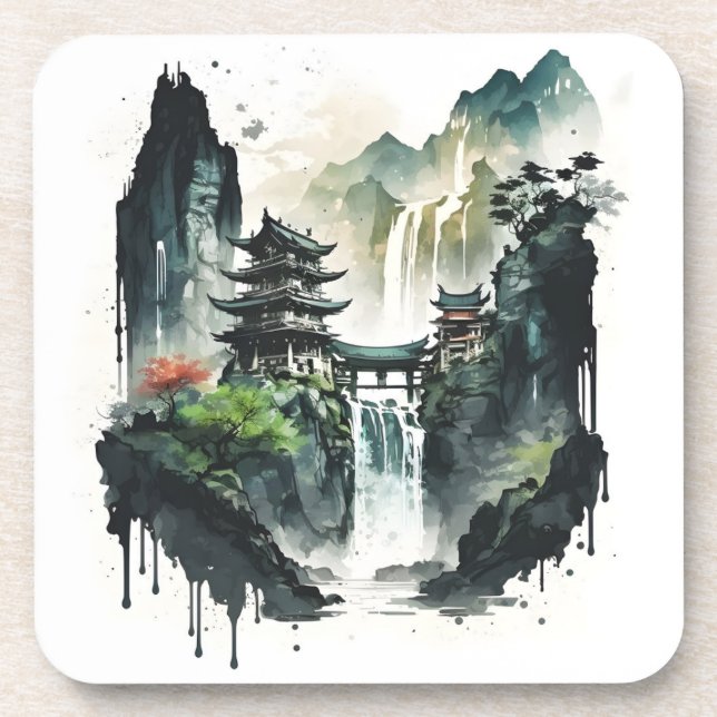 Posavasos Paisaje antiguo de la tinta china con cascada (Frente)