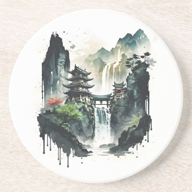 Posavasos Paisaje antiguo de la tinta china con cascada (Frente)