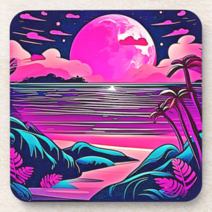 Posavasos Paisaje de la playa de Neon Moon Rosa