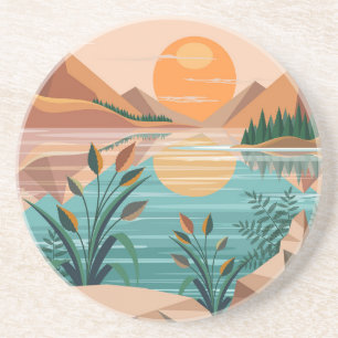 Posavasos Paisaje de puesta de sol en un lago de montaña tra