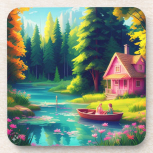 Posavasos Paisaje natural con cabaña rosa-68486