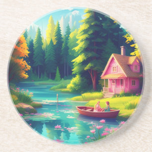Posavasos Paisaje natural con cabaña rosa-68486