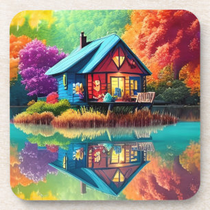 Posavasos Paisaje natural con cabaña y lago-38566