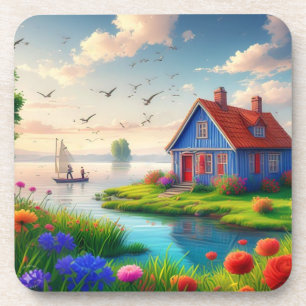 Posavasos Paisaje natural con cabaña y lago,-434567