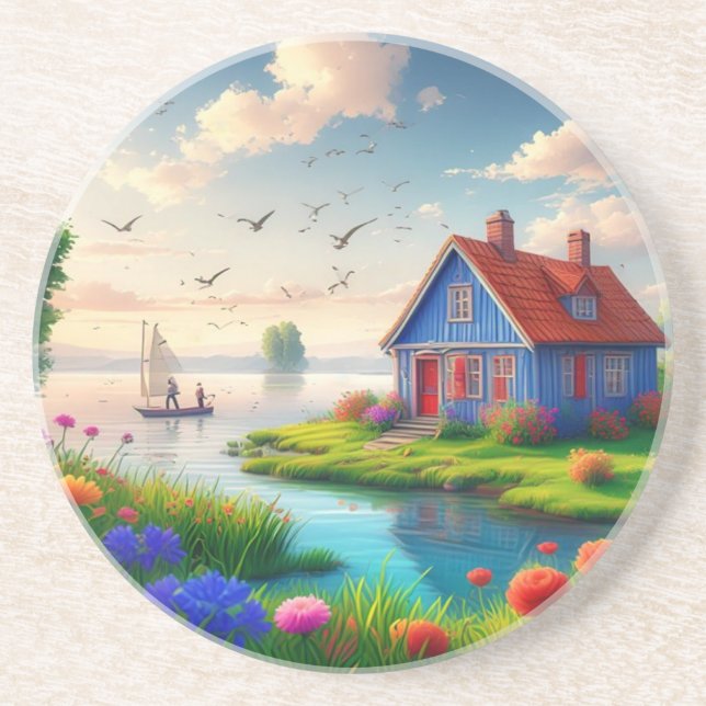 Posavasos Paisaje natural con cabaña y lago,-434567 (Frente)