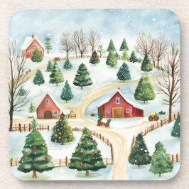 Posavasos Paisaje rústico de invierno acuarela con árboles f