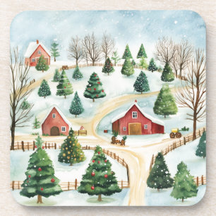 Posavasos Paisaje rústico de invierno acuarela con árboles f