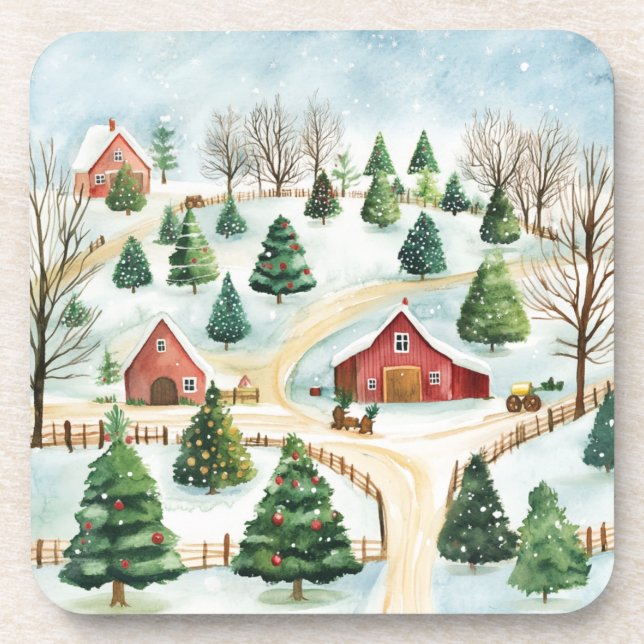 Posavasos Paisaje rústico de invierno acuarela con árboles f (Frente)