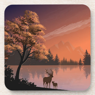 Posavasos Paisaje Sunrise con Lago y Deers-51207