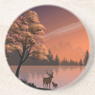 Posavasos Paisaje Sunrise con Lago y Deers-51207