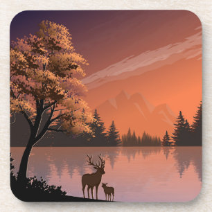 Posavasos Paisaje Sunrise con Lago y Deers-51207
