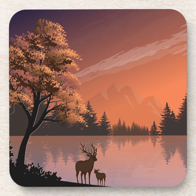 Posavasos Paisaje Sunrise con Lago y Deers-51207 (Frente)