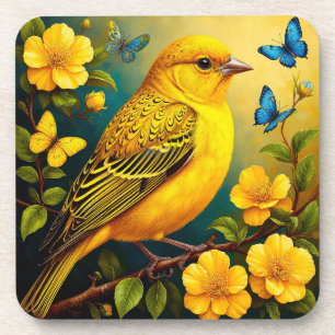 Posavasos Pájaro Amarillo Posado Entre Flores Brillantes