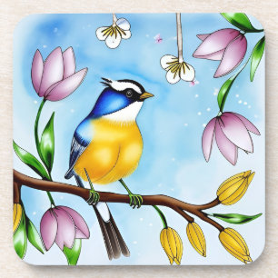 Posavasos Pájaro azul colorido posado en una rama floreciend