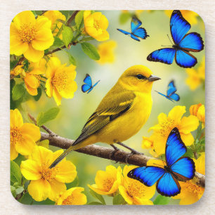 Posavasos Pájaro Cantor Amarillo Brillante Posado en una Ram