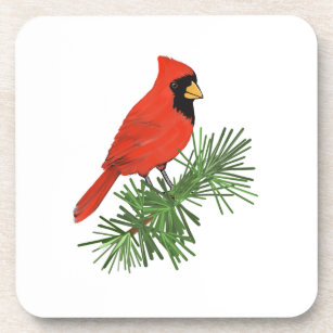 Posavasos Pájaro cardenal rojo en árbol de pino