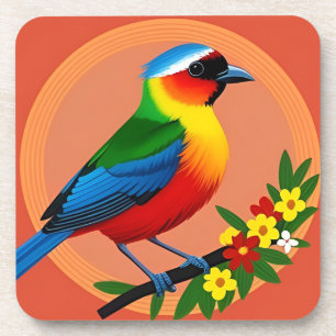 Posavasos Pájaro Colorido Posado Entre Flores Vibrantes