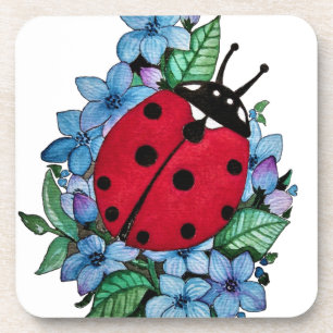 Posavasos Pájaro De Ladybird Acuarela Con Flores Salvajes Az