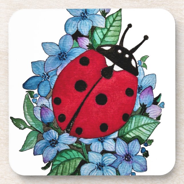 Posavasos Pájaro De Ladybird Acuarela Con Flores Salvajes Az (Frente)