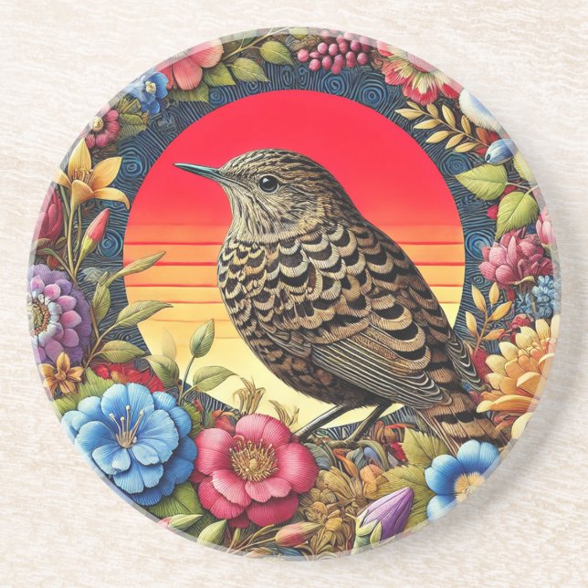 Posavasos Pájaro entre flores coloridas (Frente)