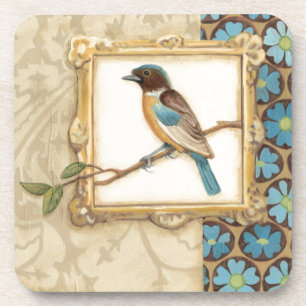 Posavasos Pájaro marrón y azul en una rama mirando hacia arr