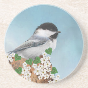 Posavasos Pájaro pequeño lindo y flores en azul cielo