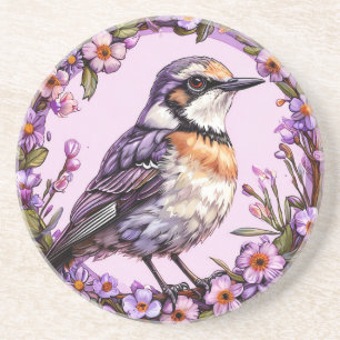 Posavasos 🐦 Pájaro sobre fondo floral lila 🐦