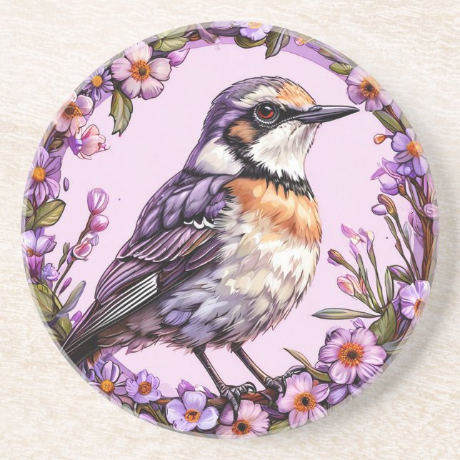 Posavasos 🐦 Pájaro sobre fondo floral lila 🐦 (Frente)