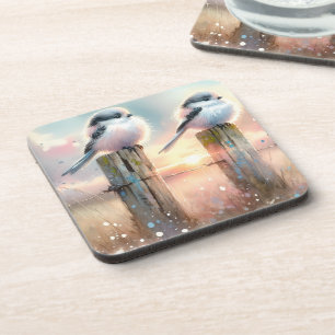 Posavasos Pájaros de acuarela pastel en un poste de cerca al
