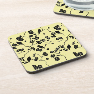 Posavasos Pájaros en flores de cerezo negras sobre amarillo 