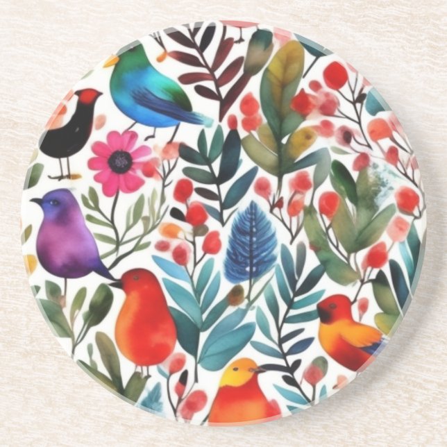 Posavasos Pájaros florales y coloridos (Frente)