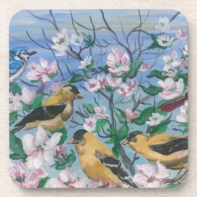Posavasos Pájaros pinzón amarillo florece  (Frente)