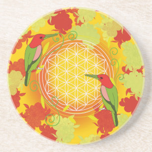 Posavasos Pájaros Rojos Verdes Flor de la Vida Geometría Sag