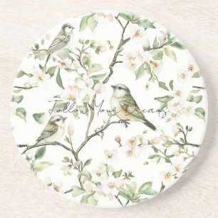 Posavasos Pájaros Verdes Flores Blancas Árbol