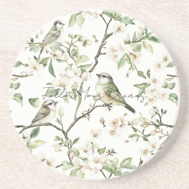 Posavasos Pájaros Verdes Flores Blancas Árbol (Frente)