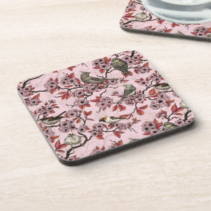 Posavasos Pájaros y flor de cerezo sobre rosa salmón
