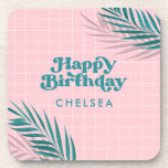 Posavasos Palm Springs Pink Pool Fiesta Cumpleaños<br><div class="desc">Lleve una fiesta de cumpleaños junto a la piscina con estas modernas galerías de fiestas de la piscina inspiradas en Palm Springs. Cuenta con un patio de tejas rosas,  hojas de palma y una tipografía de inspiración vintage en verde azulado.</div>
