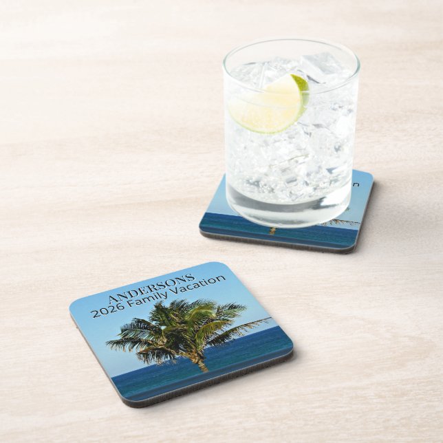 Posavasos Palm Tree Ocean Escape | Family Name & Trip Year (Lado Derecho)