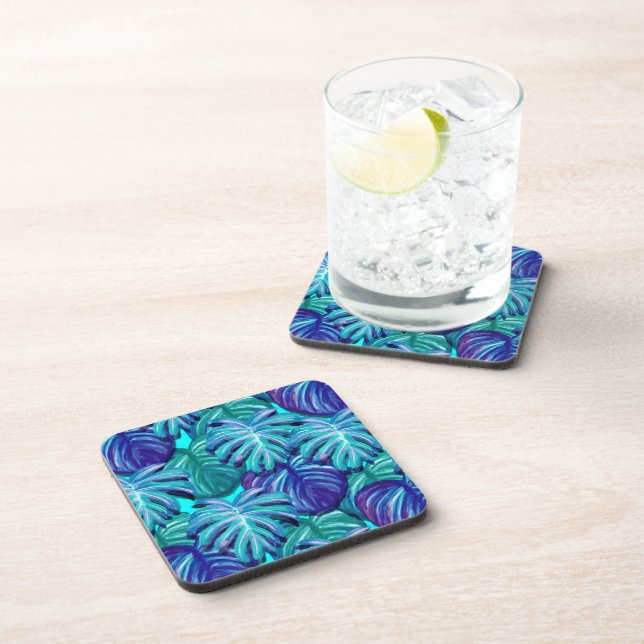 Posavasos Palm Tropical Plastic Coaster Set-Blue (Lado Derecho)