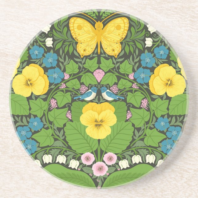 Posavasos Pansias amarillas, pájaros y mariposas (Frente)