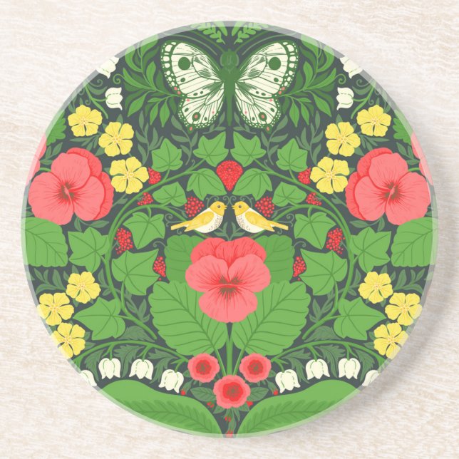 Posavasos Pansias rojas, pájaros y mariposas (Frente)