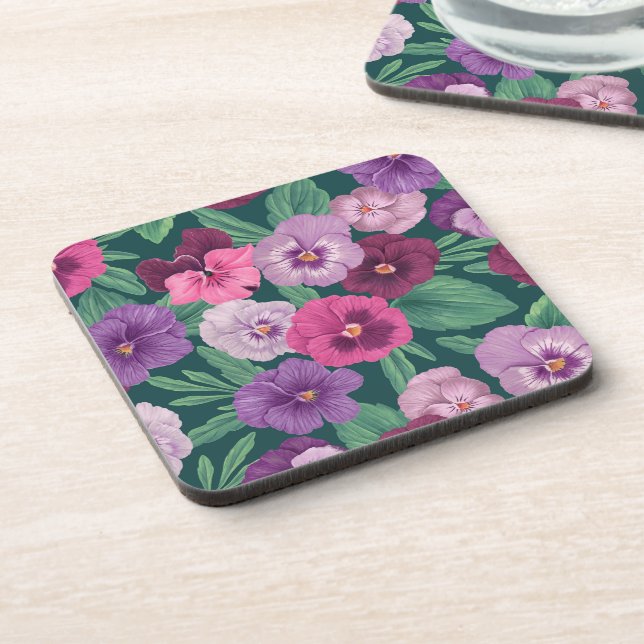 Posavasos Pansitas coloridas sobre azul verdoso oscuro (Lado Izquierdo)