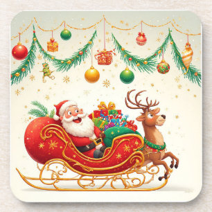 Posavasos Papá Noel montando un trineo con un reno