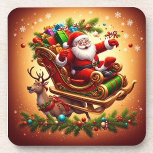 Posavasos Papá Noel montando un trineo con un reno